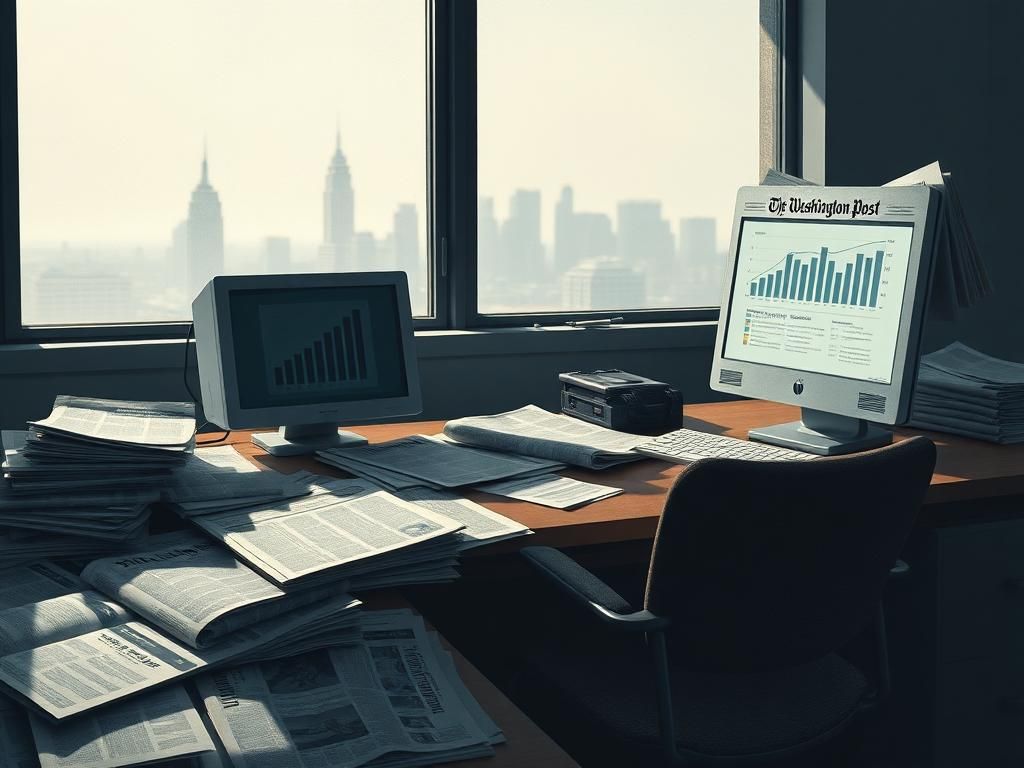 Flick International Abstract representation of a newspaper office transition with cluttered desk and outdated technology