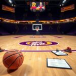 Flick International Close-up of a basketball on polished wooden floor with empty arena lights