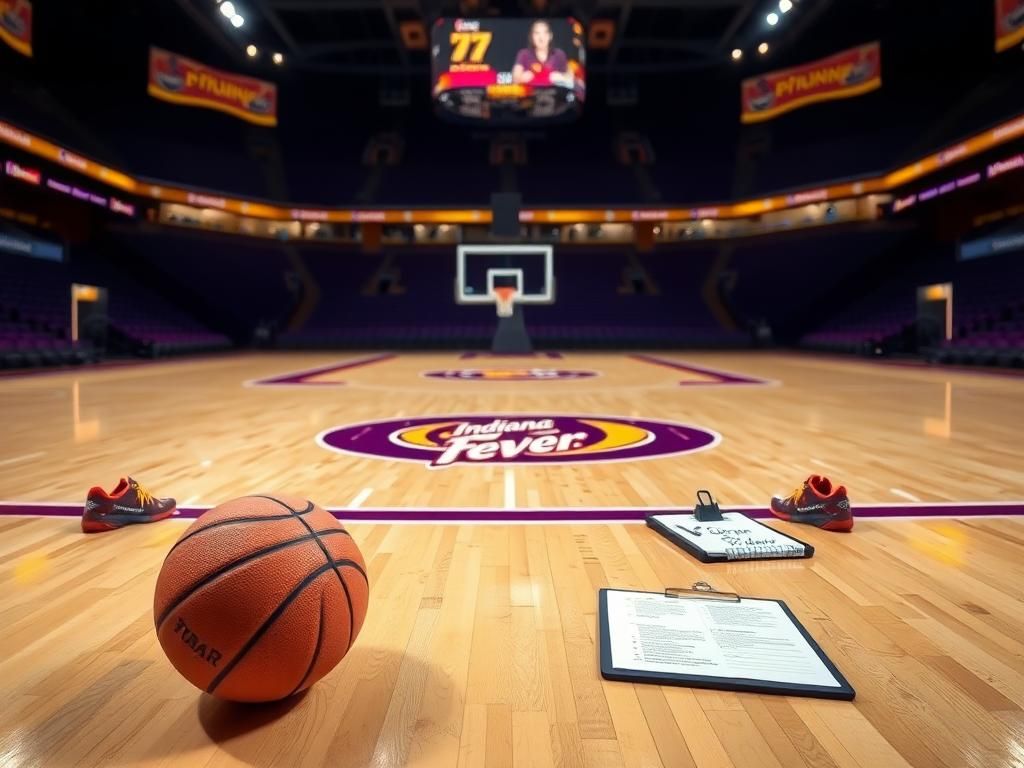 Flick International Close-up of a basketball on polished wooden floor with empty arena lights