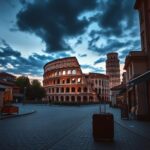 Flick International A deserted cobblestone street in Italy with a closed cafe and a suitcase against a twilight sky