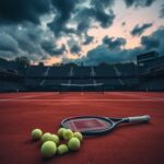 Flick International Dramatic tennis court scene at the French Open with broken racket and scattered balls symbolizing an upset