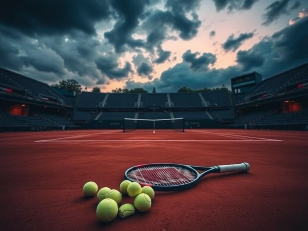 Flick International Dramatic tennis court scene at the French Open with broken racket and scattered balls symbolizing an upset