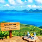 Flick International Serene Hawaiian landscape with lush green hills and a vibrant blue ocean showcasing a wooden signpost promoting vaccination benefits.