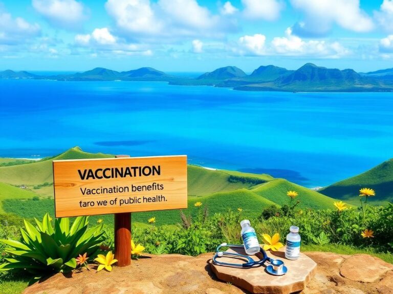 Flick International Serene Hawaiian landscape with lush green hills and a vibrant blue ocean showcasing a wooden signpost promoting vaccination benefits.