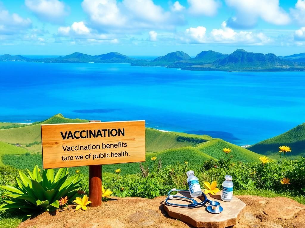 Flick International Serene Hawaiian landscape with lush green hills and a vibrant blue ocean showcasing a wooden signpost promoting vaccination benefits.