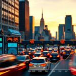 Flick International A vibrant cityscape of New York City with heavy traffic under a sunset sky, featuring electronic toll booths and iconic landmarks.