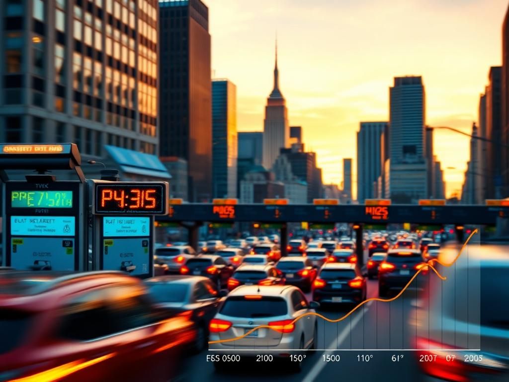 Flick International A vibrant cityscape of New York City with heavy traffic under a sunset sky, featuring electronic toll booths and iconic landmarks.