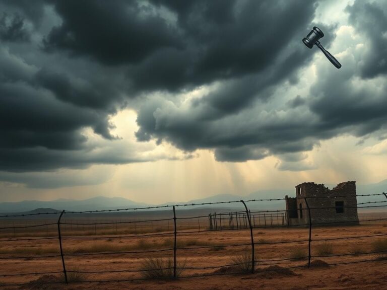 Flick International A military base in South Sudan under a stormy sky with a barbed wire fence representing migrant struggles