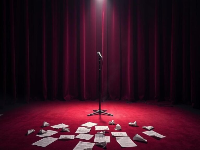 Flick International Minimalist stage setup with microphone and crumpled joke scripts, representing the essence of comedy.