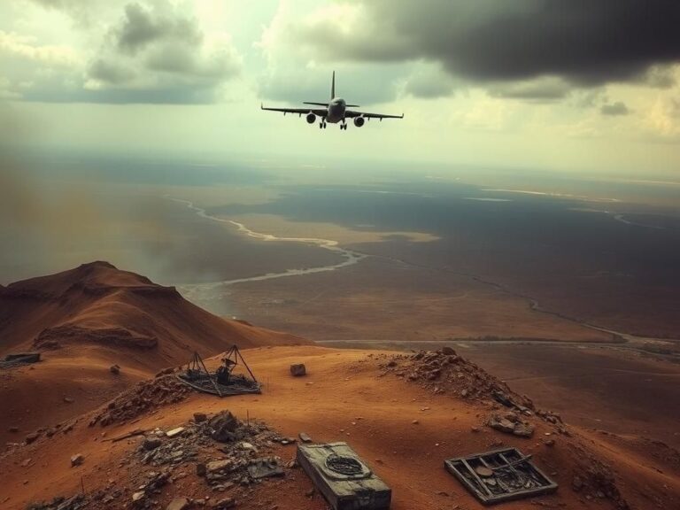 Flick International Aerial view of a desolate region in Somalia with rocky hills and a destroyed militant camp