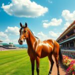 Flick International Thoroughbred horse Render Judgment poised at the Kentucky Derby starting gate under blue skies