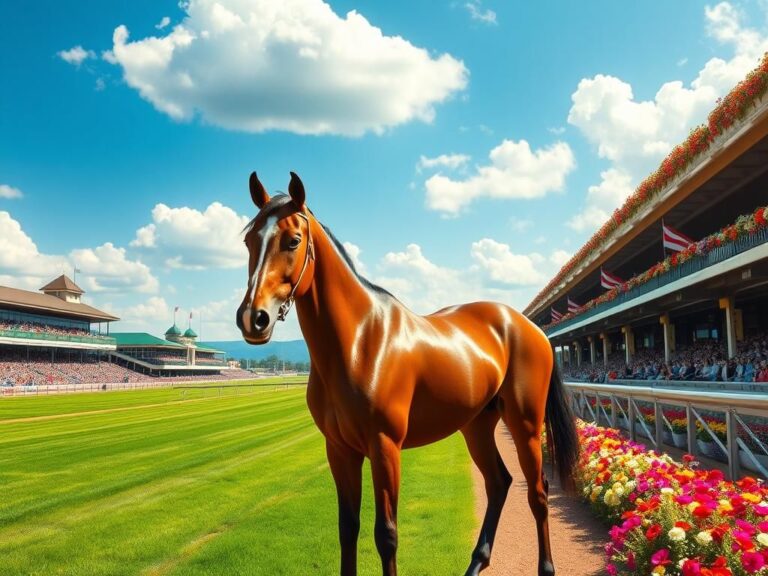 Flick International Thoroughbred horse Render Judgment poised at the Kentucky Derby starting gate under blue skies