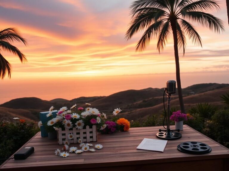Flick International Serene Malibu landscape featuring rolling hills, ocean, and a pastel sunset sky.