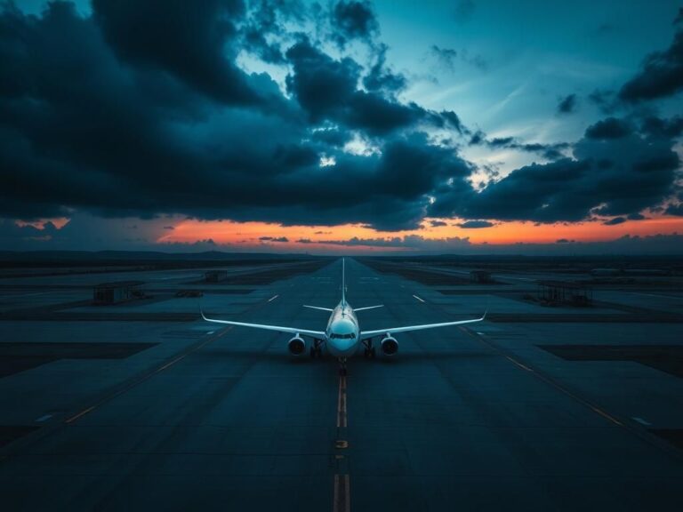 Flick International Aerial view of a deserted airport runway with a cargo plane under a twilight sky