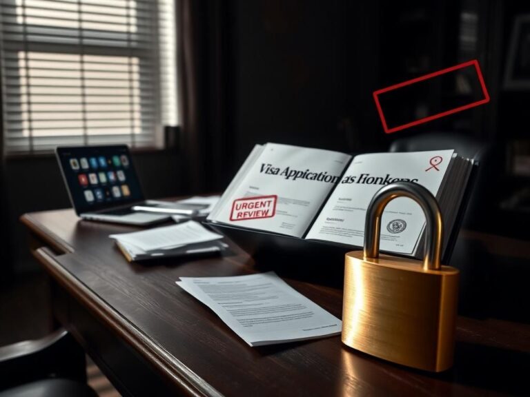 Flick International Dark office setting with wooden desk cluttered with visa application documents and social media icons