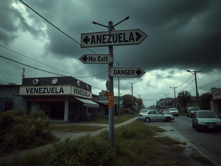 Flick International A deserted Venezuelan street overrun by weeds and litter, depicting a scene of decay and danger.
