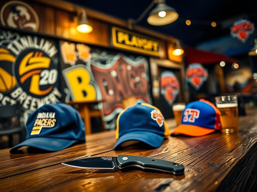 Flick International A black folding pocket knife on a wooden table near discarded baseball caps symbolizing rivalry between Pacers and Knicks fans