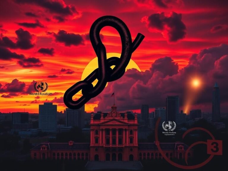Flick International Sunset over Buenos Aires showcasing Casa Rosada with dramatic skies and broken chains symbolizing freedom