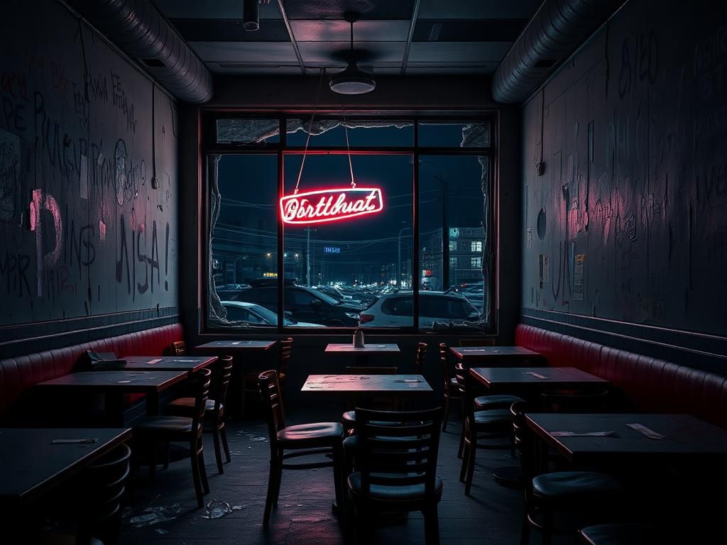 Flick International Abandoned restaurant interior showing empty tables and graffiti