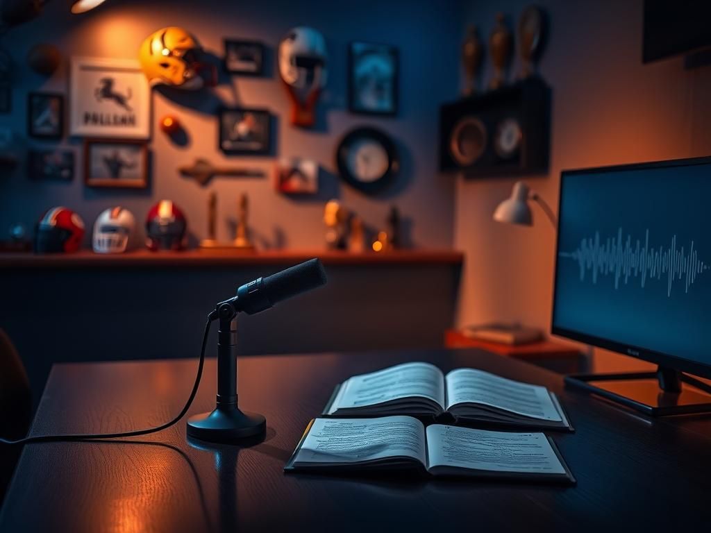 Flick International A dimly lit podcast studio with a microphone on a wooden table