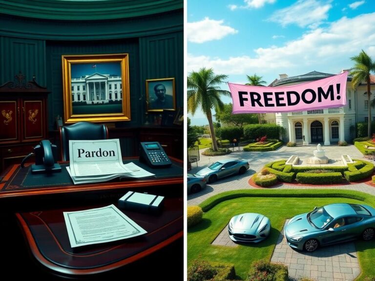 Flick International Split image showing the Oval Office's ornate desk on the left with documents labeled 'Pardon' and a luxurious mansion of reality stars Todd and Julie Chrisley on the right