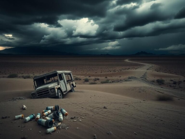 Flick International A weathered, abandoned truck in a vast desert landscape symbolizing drug trafficking