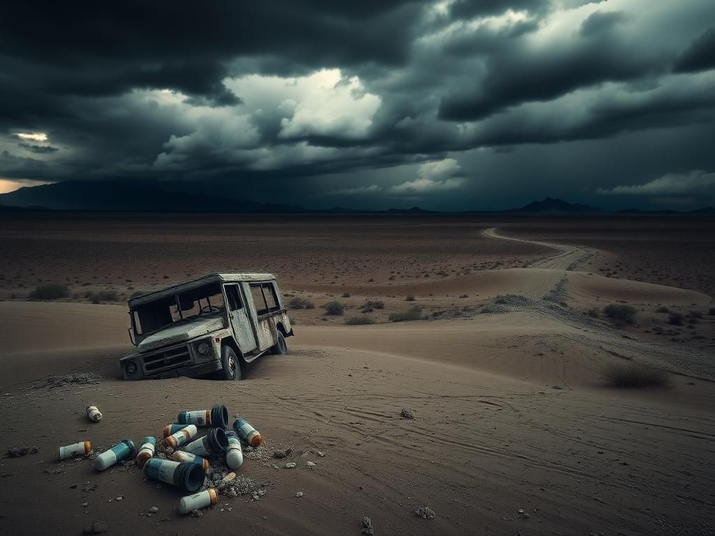 Flick International A weathered, abandoned truck in a vast desert landscape symbolizing drug trafficking