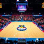 Flick International A vibrant basketball court view showcasing the WNBA logo and packed stands during a game