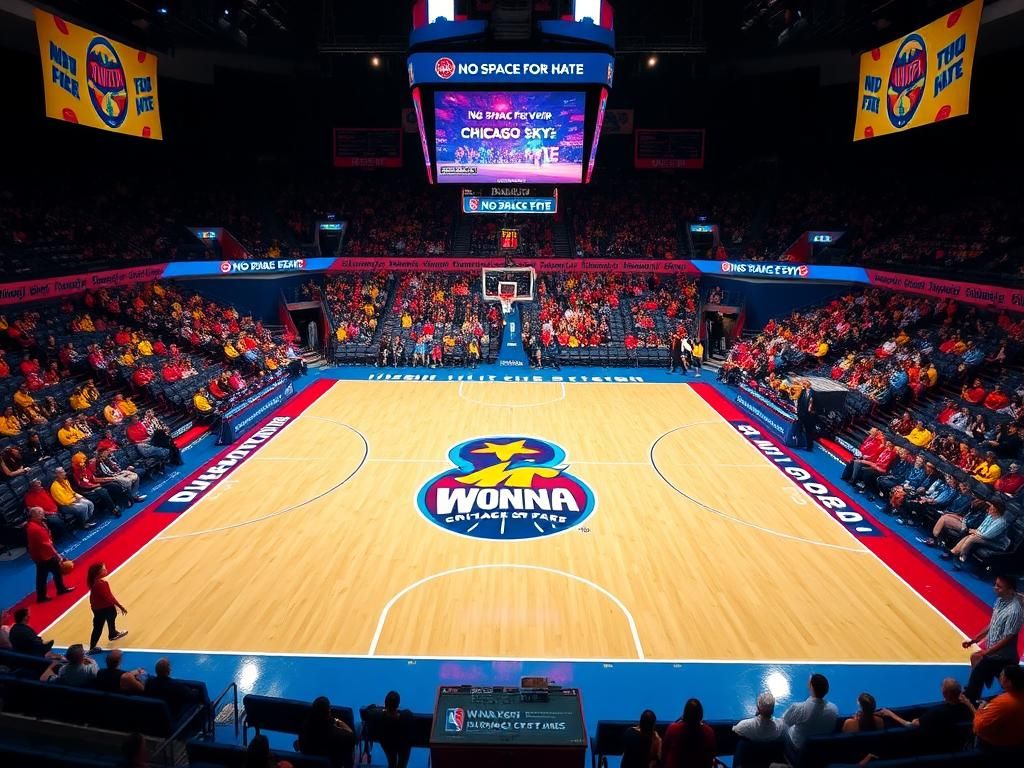 Flick International A vibrant basketball court view showcasing the WNBA logo and packed stands during a game