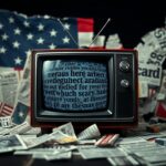 Flick International Vintage television set displaying static amidst chaotic newspaper headlines and blurred social media feeds