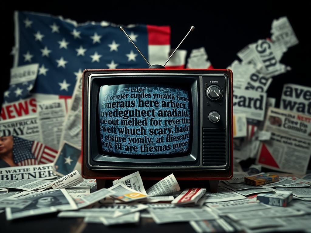Flick International Vintage television set displaying static amidst chaotic newspaper headlines and blurred social media feeds