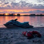 Flick International A deserted jet ski on the shore of a tranquil lake at dusk, symbolizing a quiet tragedy.