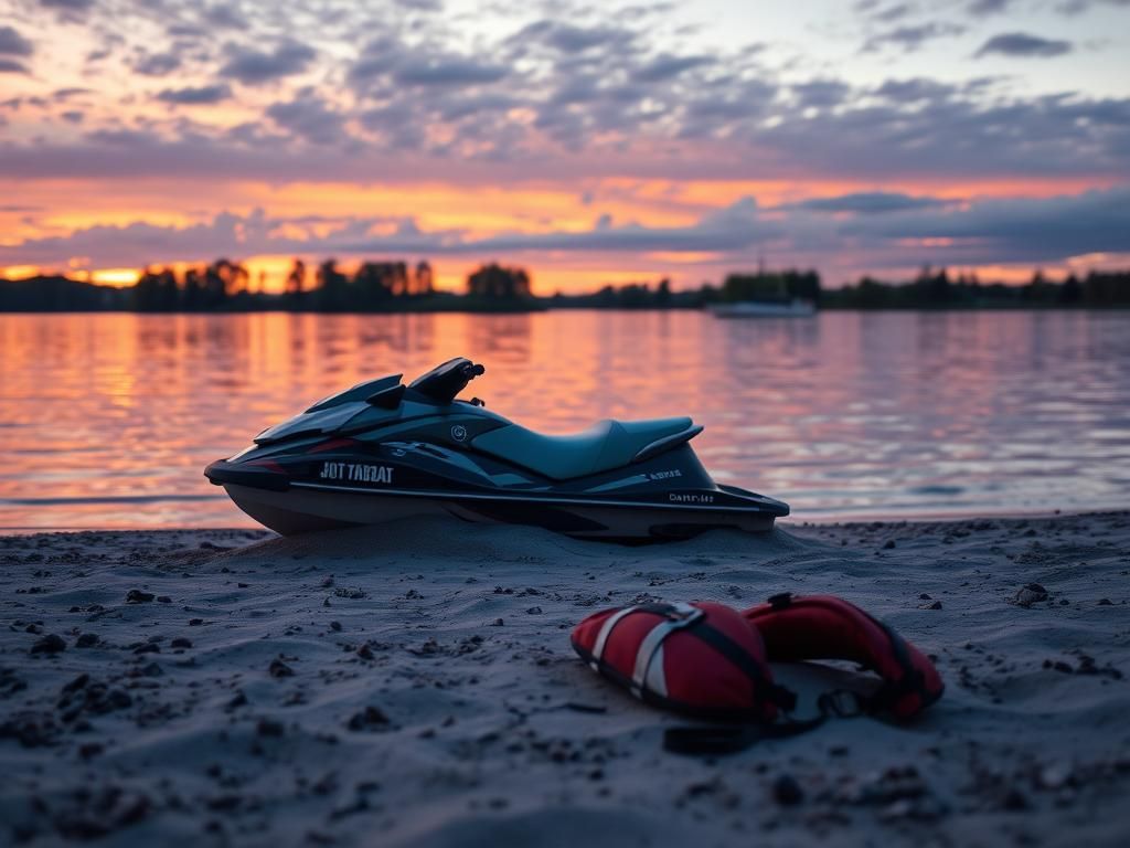 Flick International A deserted jet ski on the shore of a tranquil lake at dusk, symbolizing a quiet tragedy.