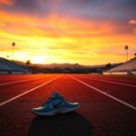 Flick International Abandoned running shoes at an empty California high school track during sunset