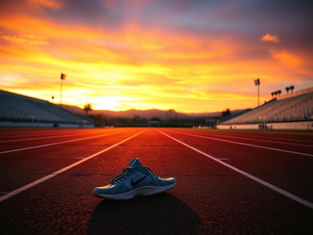 Flick International Abandoned running shoes at an empty California high school track during sunset