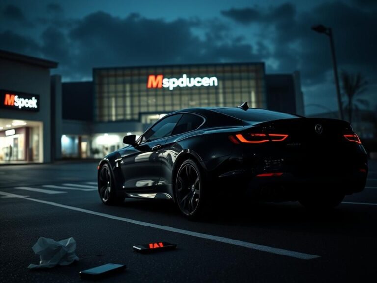 Flick International Sleek black luxury car parked outside a modern shopping mall at dusk with neon reflections