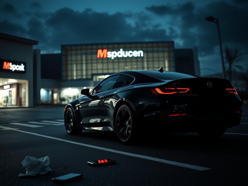 Flick International Sleek black luxury car parked outside a modern shopping mall at dusk with neon reflections