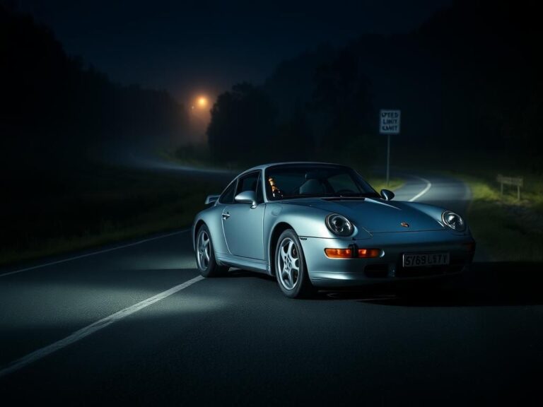 Flick International Silver Porsche parked on a winding road with a half-empty container of wine visible in the passenger seat