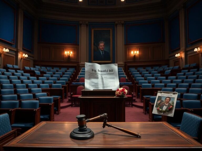 Flick International Empty congressional chamber with somber lighting and abandoned seats