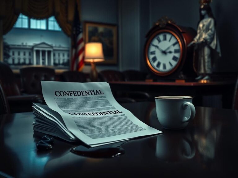 Flick International A dimly lit office scene with a crumpled stack of confidential documents and a spilled coffee cup