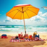 Flick International A vibrant beach scene with a colorful umbrella and picnic spread on a sandy shore.