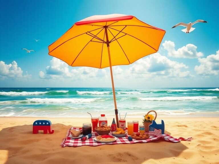 Flick International A vibrant beach scene with a colorful umbrella and picnic spread on a sandy shore.