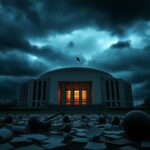 Flick International Dramatic view of the John F. Kennedy Center for the Performing Arts against a stormy sky