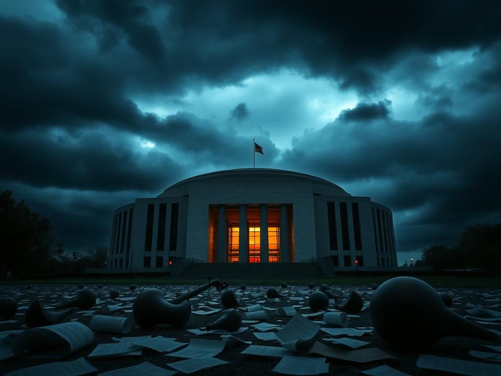 Flick International Dramatic view of the John F. Kennedy Center for the Performing Arts against a stormy sky