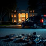 Flick International Night scene outside a grand mansion with security vehicle and signs of a recent altercation