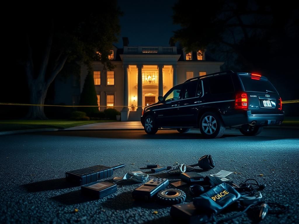 Flick International Night scene outside a grand mansion with security vehicle and signs of a recent altercation