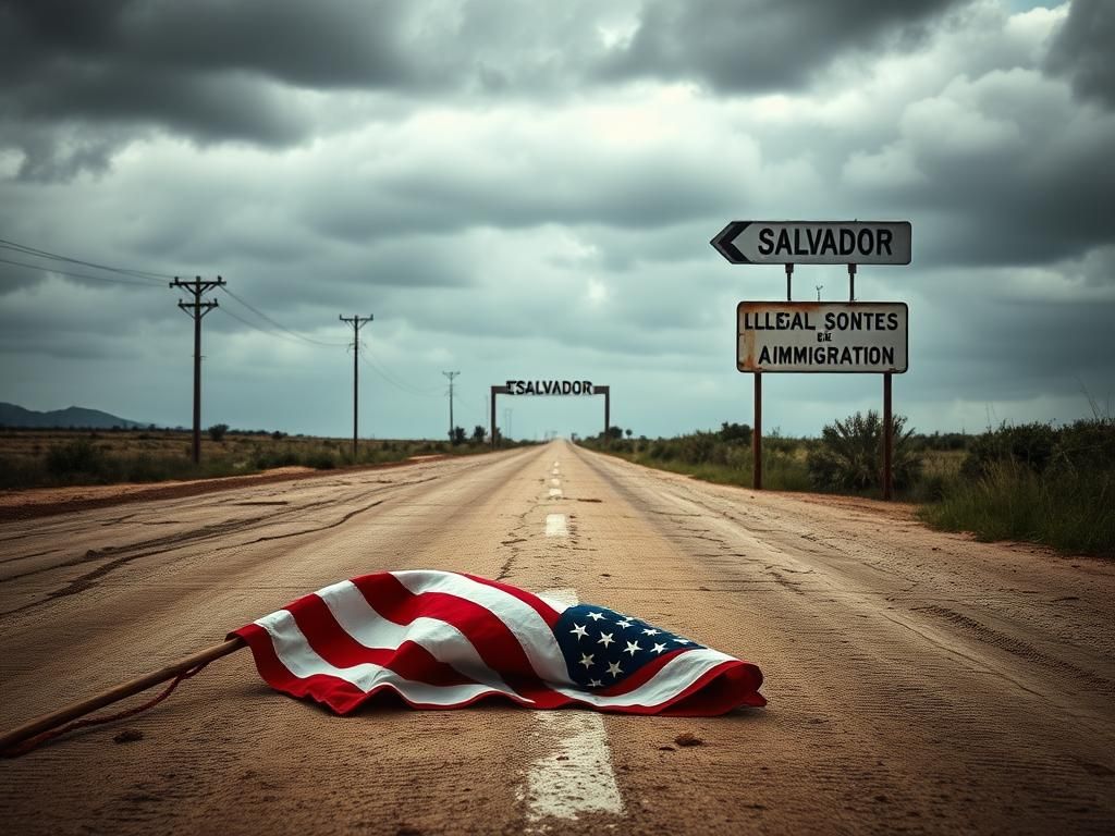 Flick International A weathered road leading to a border crossing sign, symbolizing the U.S.-El Salvador divide