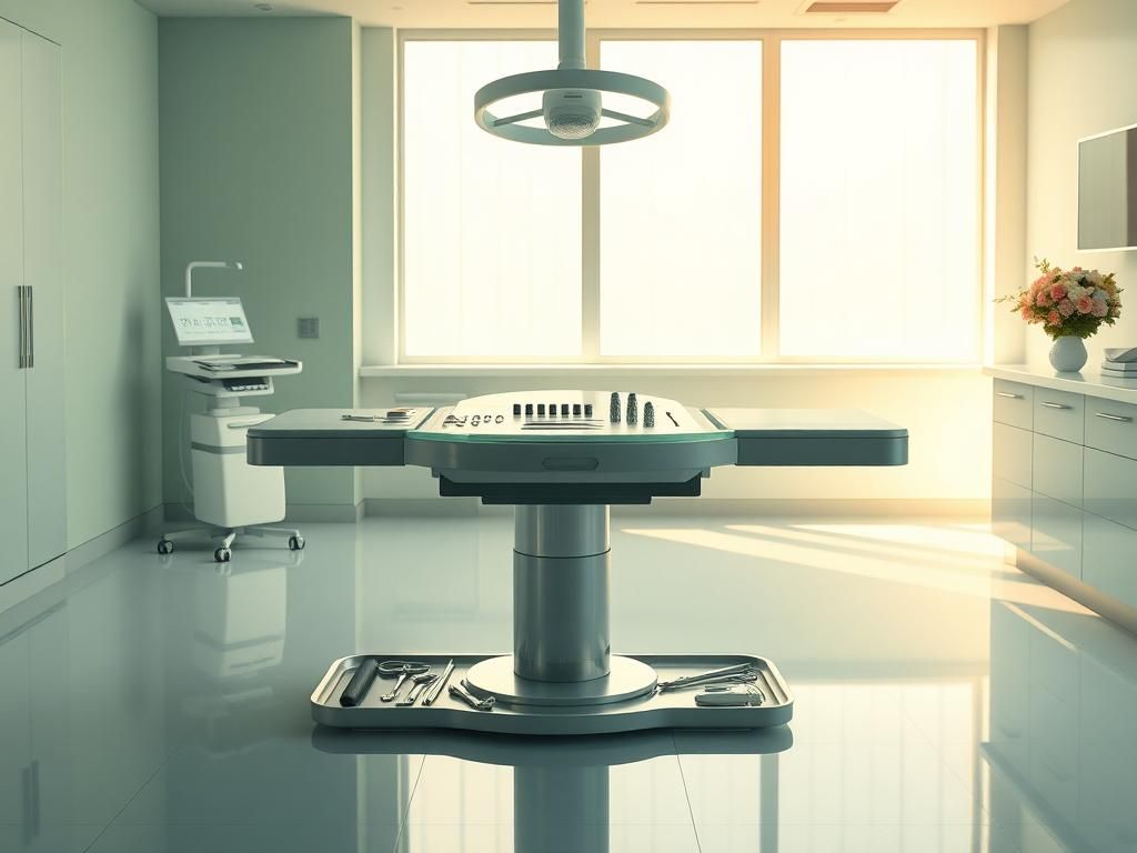 Flick International Serene medical room featuring a surgical table and tools, symbolizing breast implant surgery