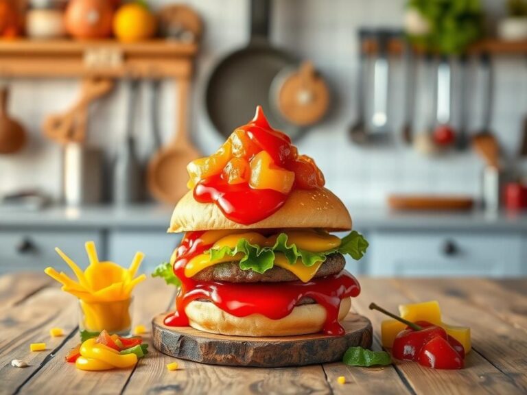 Flick International A gourmet cheeseburger topped with applesauce, ketchup, and surrounded by colorful condiments on a rustic table