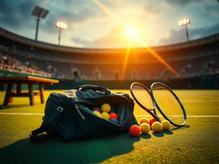 Flick International A disheveled tennis bag and mismatched rackets on a green clay court